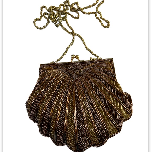 Walborg Handbags - Vintage Walborg Deco Beaded Clam Shell Evening Purse Copper Bronze Gold Chain